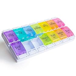 RMS Weekly and Daily Pill Organizer - 7 Day Pill Planner, Dispenser Case for Medication, Vitamin Supplements with Easy Press Open Design and Large Capacity (Twice Per Day)